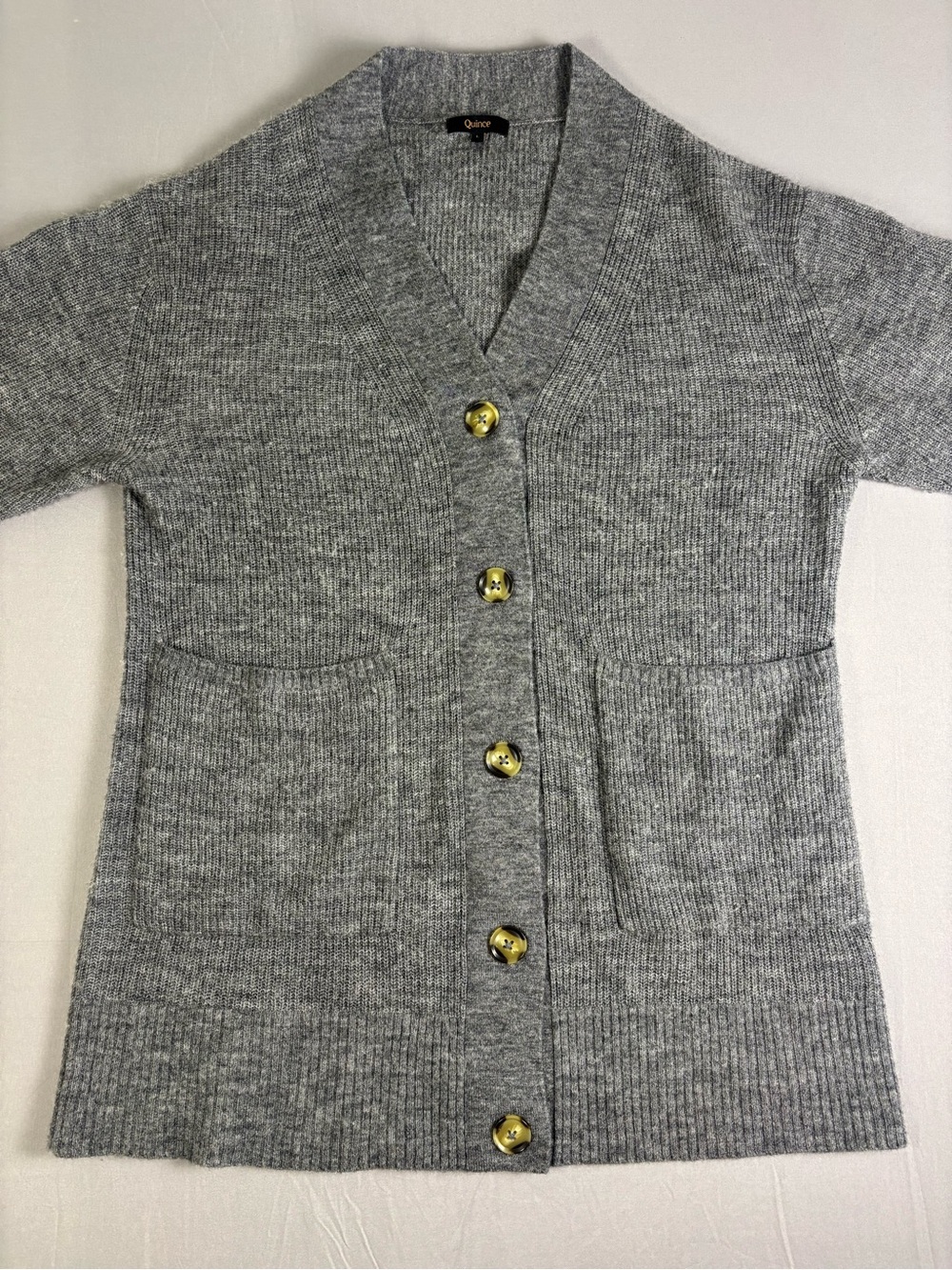 Quince Alpaca and Wool Gray Ribbed V-Neck Button Cardigan with Buttons Large